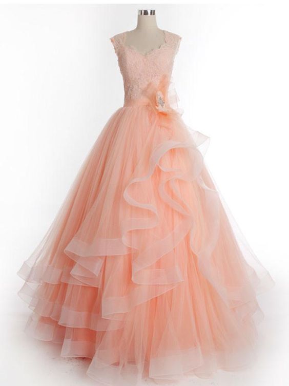 Peach Lace Princess Prom Formal Dress with Cap Sleeves prom dresses   cg12937
