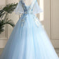 Floor Length Blue Evening Party Dress School V-neck Lace Flowers Lace-up Back Fashionable Prom dress   cg12942