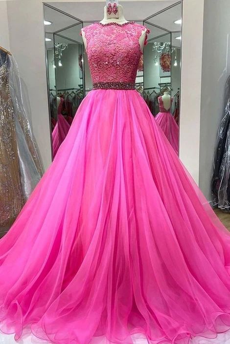 Pink Tulle A Line Crystal Beaded Prom Dress Party Gowns Evening Dress    cg12944