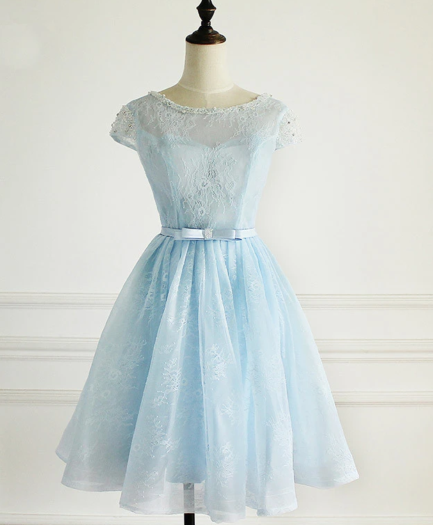 Light Blue Lace Cap Sleeves Cute Short Party Dress, Blue Homecoming Dress    cg12963