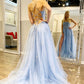 BLUE SPAGHETTI STRAPS LONG TULLE APPLIQUES PROM DRESSES   cg12967