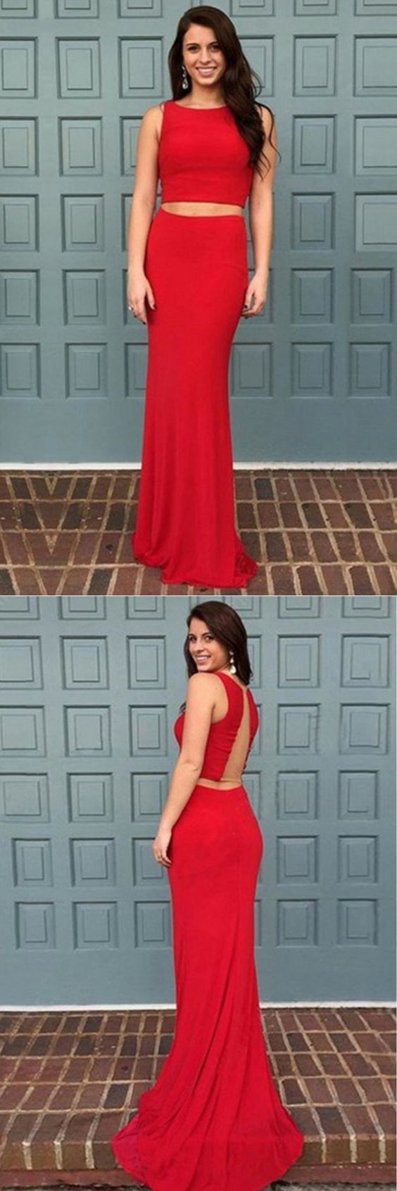 Red Stretch Satin Sleeveless Sweep Train Two Pieces Evening Dress Prom Dresses   cg12972