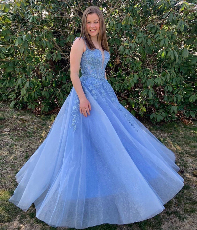 Elegant Tulle Blue Appliques Long Prom Dress, Formal Evening Dresses    cg12976