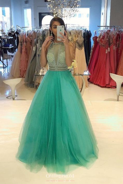 Green A Line Beaded Prom Dress Tulle Floor Length Formal Evening Dresses See Through Long Party Gowns   cg13046