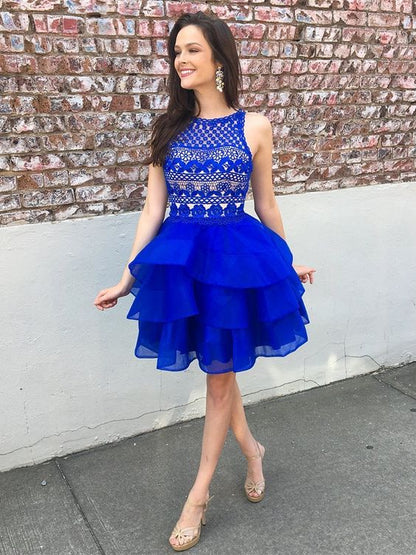 Cute Organza Skirt Royal Blue A-line Lace Top Short Homecoming Dresses cg1305