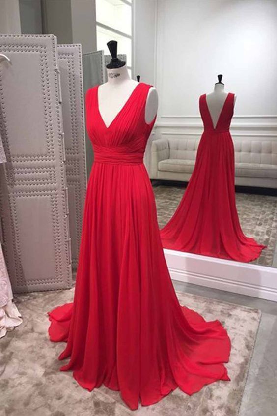 Simple red chiffon V neck long bridesmaid dress, red prom dress  cg13067
