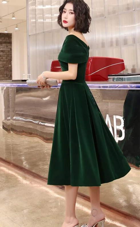 Green Tea Length Velvet Off Shoulder Party Dress, Green Bridesmaid Dress prom dress evening dress   cg13073