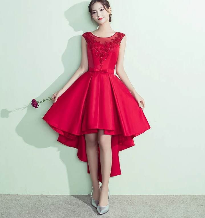 Lovely Satin High Low Round Neckline Party Dress, Red Homecoming Dress   cg13074
