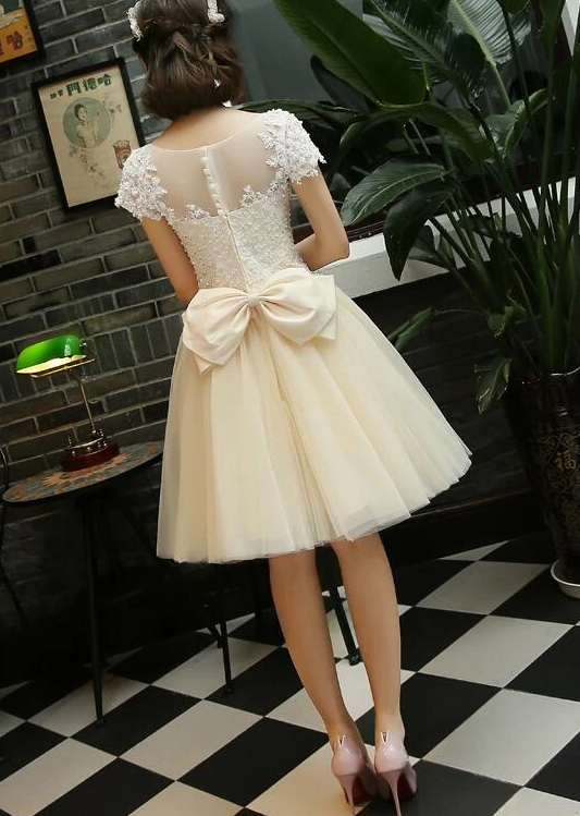 Light Champagne Tulle Short Party Dress, Lace Applique With Beadings Homecoming Dress    cg13078