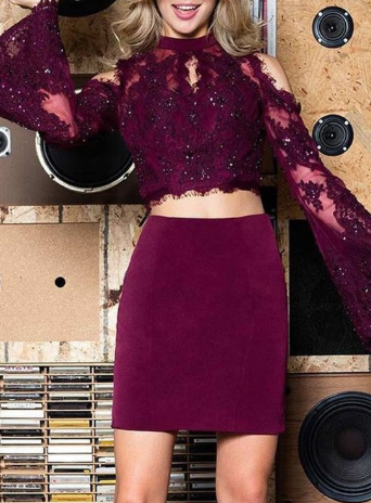Maroon Two Piece Lace Beading Sheath Long Sleeve Homecoming Dresses cg1308
