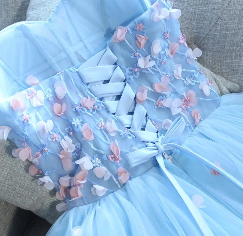 Light Blue Sweetheart Short Handmade Party Dress, Blue Flowers Homecoming Dress   cg13080