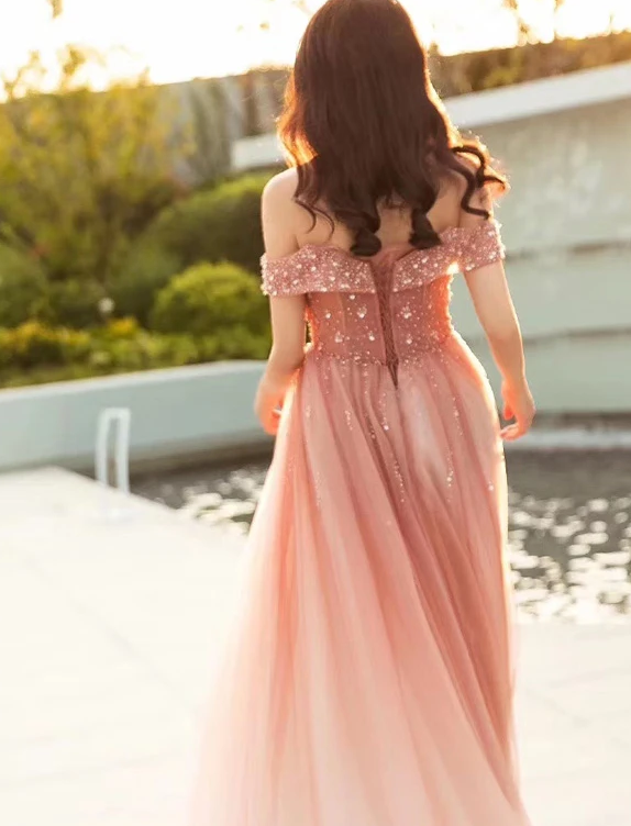 Beautiful Pink Tulle Gradient Beaded Off Shoulder Party Dress, Pink Prom Gown    cg13081