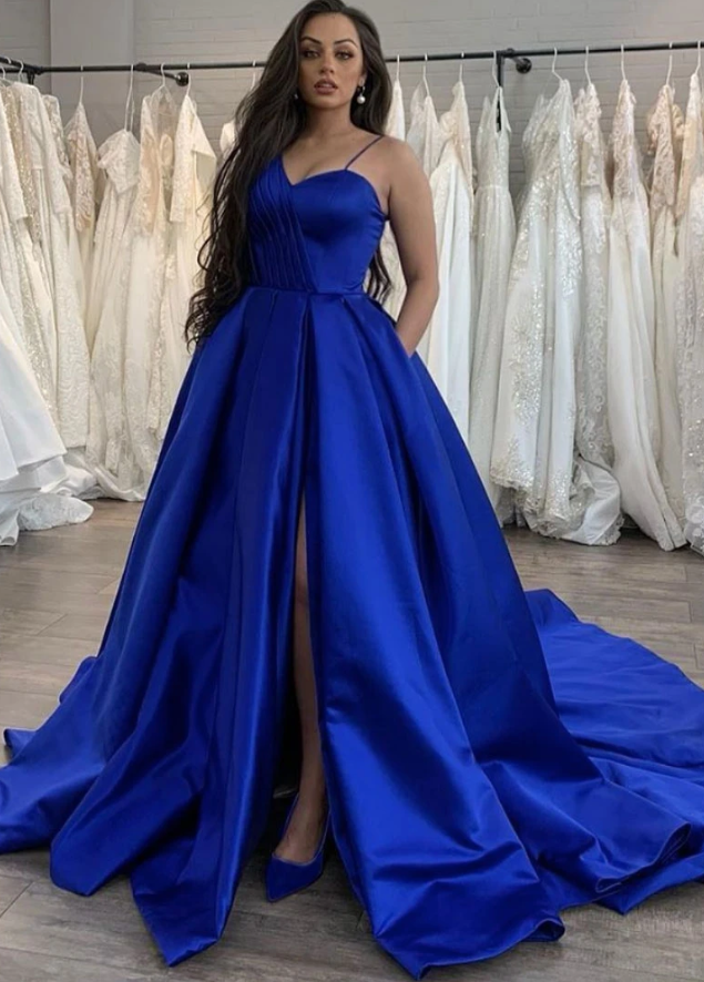 Simple blue satin long prom dress blue evening dress   cg13084