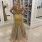 Illusion Back V-Neck Formal Long prom Dress with Gold Lace-Appliques   cg13098