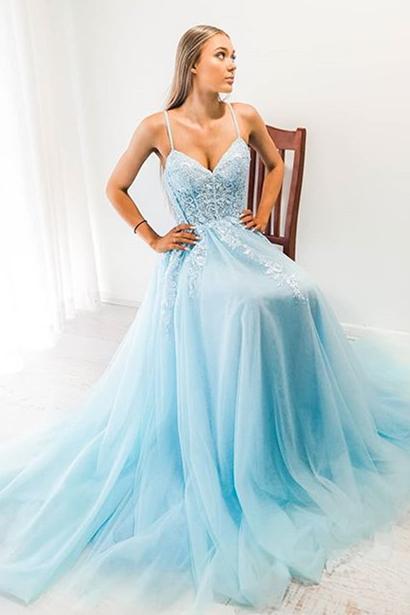 Blue A-line Spaghetti Strap Long Prom Dress with Appliques   cg13129