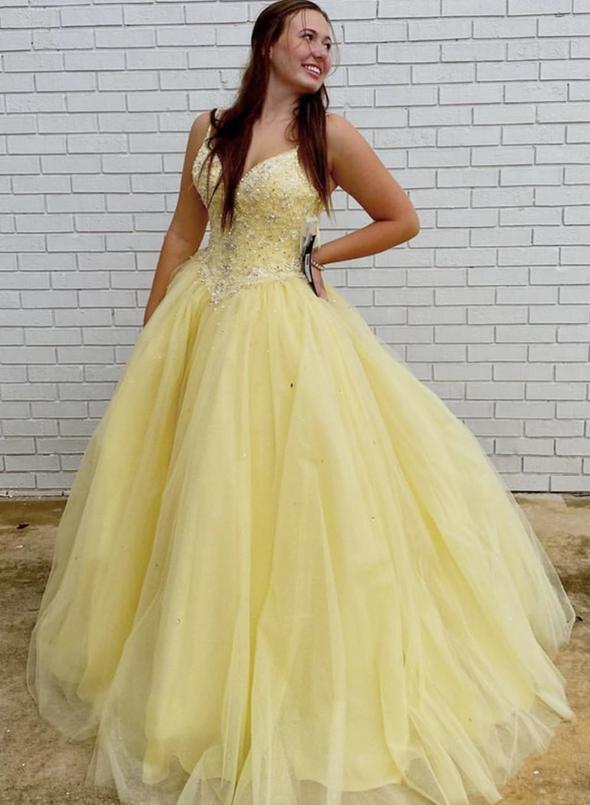 Yellow tulle beads long ball gown prom dress formal dress    cg13131