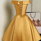 Cute Golden Satin Knee Length Off Shoulder Dress, Short Homecoming Dress   cg13132