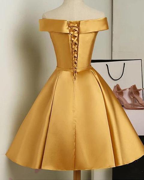 Cute Golden Satin Knee Length Off Shoulder Dress, Short Homecoming Dress   cg13132