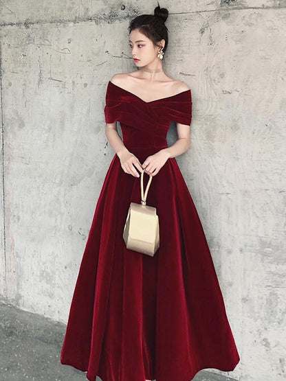 Elegant Velvet Burgundy Long Party prom Dress, A-Line Evening Gown   cg13133