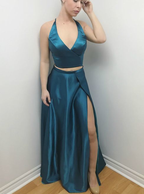 Sexy Evening Dress ,New Fashion,Sexy Evening prom Dress,V Neck Two Piece, Blue Satin Backless With High Slit   cg13138