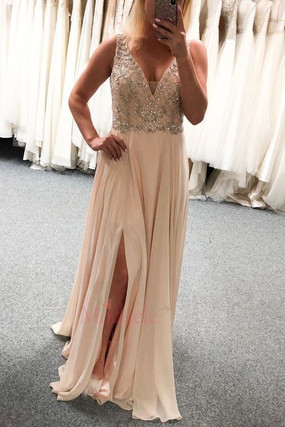 Peach V Neck Chiffon Long Prom Dress with Slit   cg13151