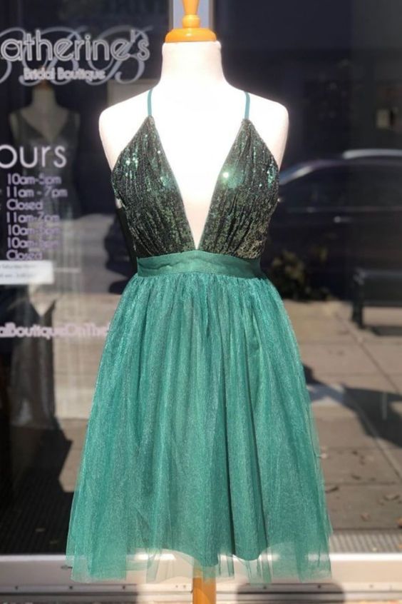 Hunter Green Sequins and Tulle Short Homecoming Dress   cg13155