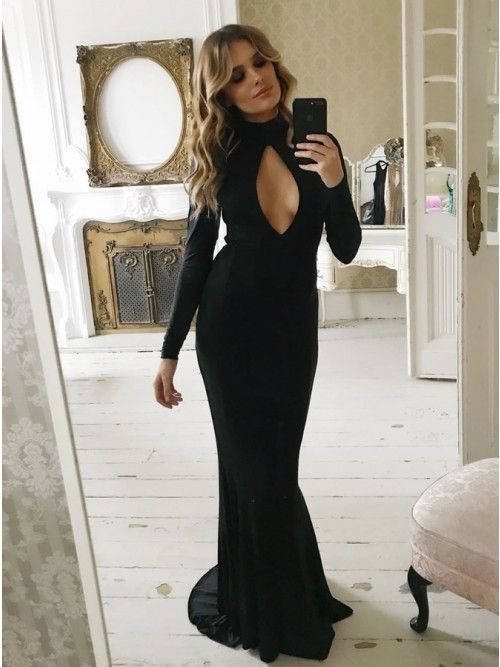 Long Sleeves Black Prom Dress With Keyhole Front    cg13166