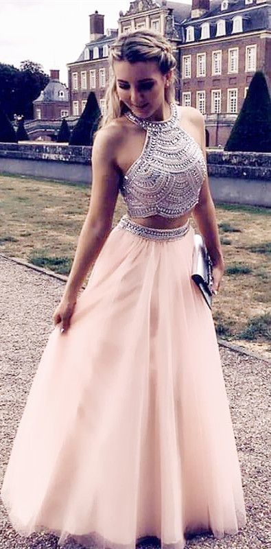 Two Piece Prom Dresses Pink Long Formal Dresses Tulle Evening Dress Formal Gowns  cg1317