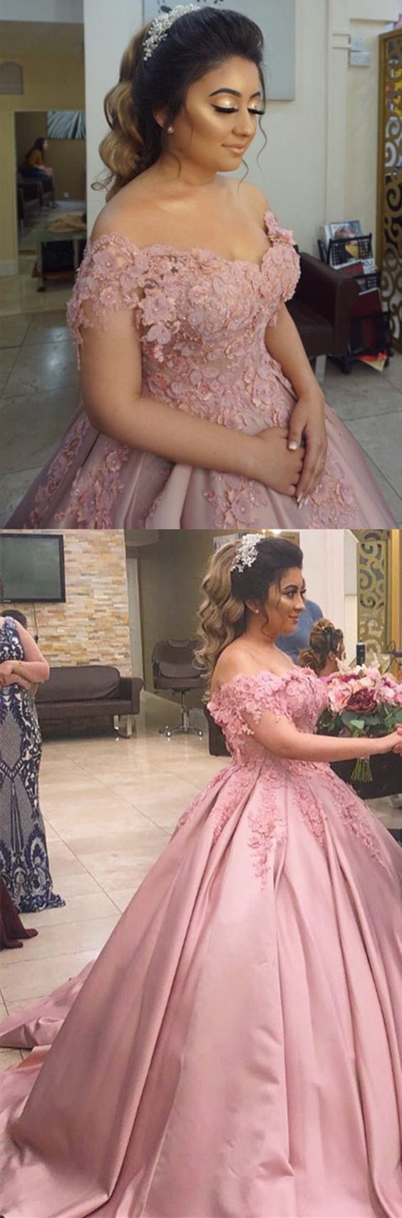 Charming Off Shoulder Pink Appliques Ball Gown Prom Dress   cg13171