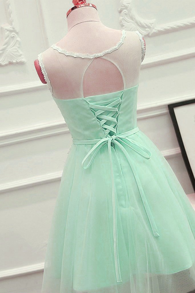 Cute Mint Green Tulle Short Party Dress With Lace Applique, Homecoming Dress   cg13175