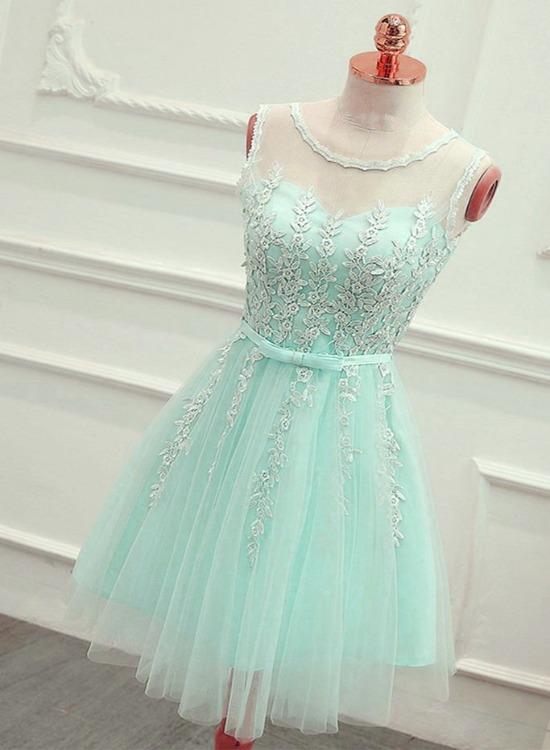 Cute Mint Green Tulle Short Party Dress With Lace Applique, Homecoming Dress   cg13175