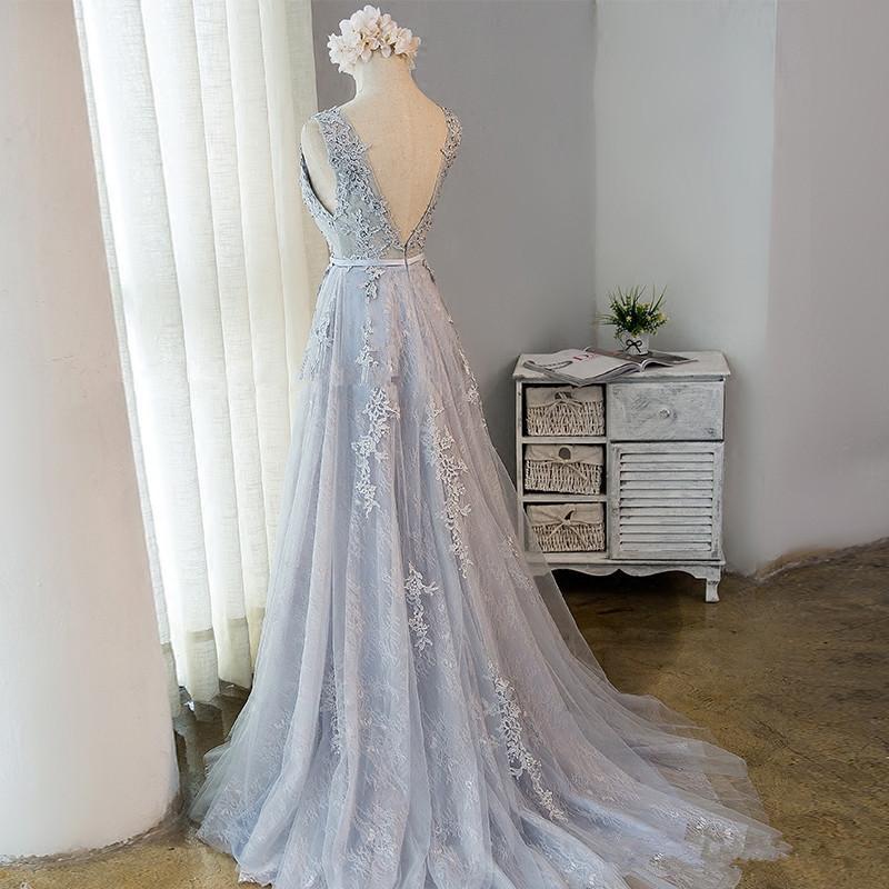 Beautiful Light Grey Tulle Backless Long Party Dress, A-Line Junior Prom Dress   cg13177