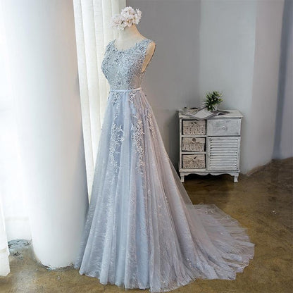Beautiful Light Grey Tulle Backless Long Party Dress, A-Line Junior Prom Dress   cg13177