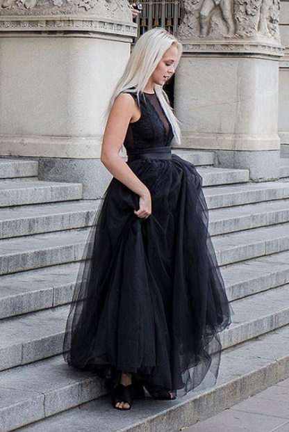 Black Prom Dress,A-Line Prom Gown,O-Neck Evening Dress,Tulle Prom Gown   cg13180