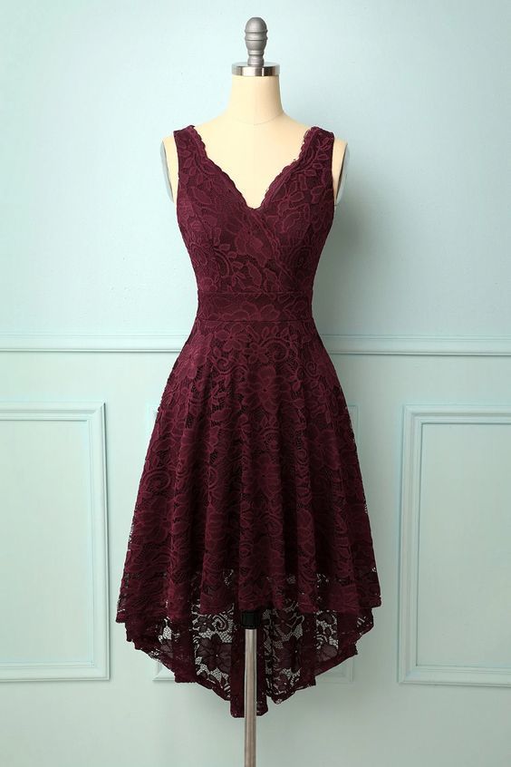 Burgundy V-Neck Lace Homecoming Dress    cg13181