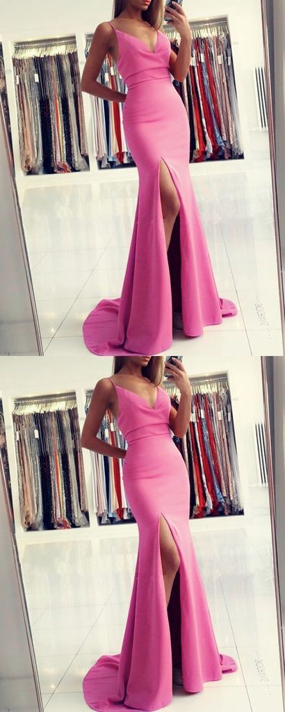 pink mermaid prom dresses satin split evening gown with cowl neckline   cg13190