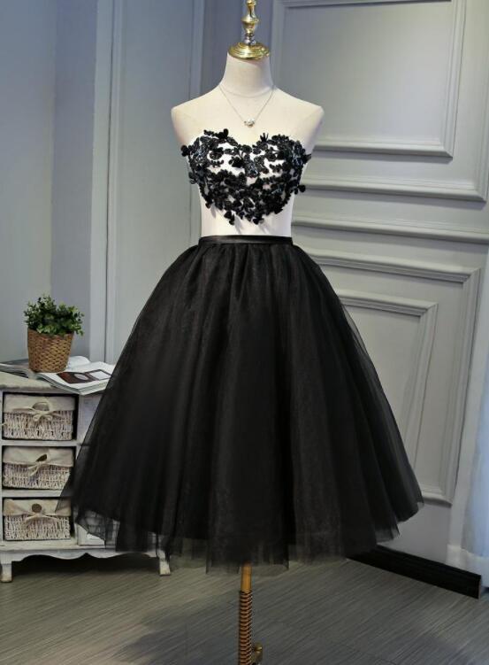 Black Tea Length Round Neckline Tulle Party Dress, Black Homecoming Dress   cg13208