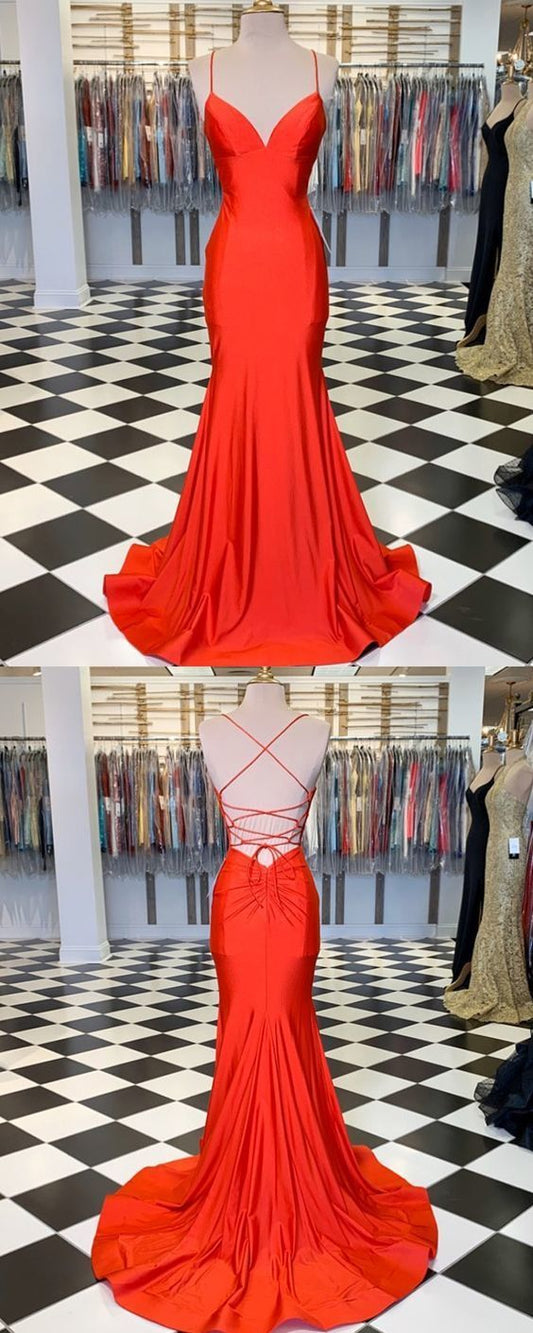 Simple Spaghetti Straps Orange Satin Mermaid Prom Dress    cg13217