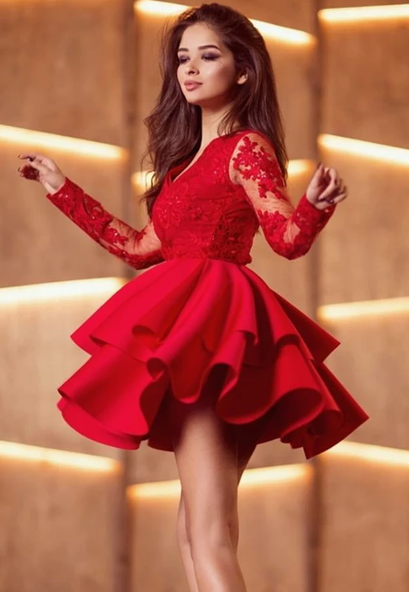 Long Sleeves Red Lace Formal Graduation Homecoming Dress   cg13224