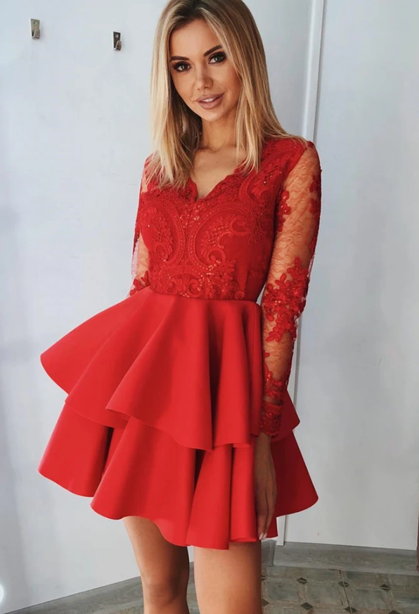 Long Sleeves Red Lace Formal Graduation Homecoming Dress   cg13224