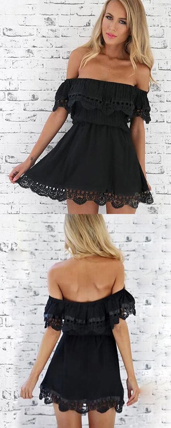 Off the Shoulder Black Short Homecoming Dress with Lace Hems   cg13239