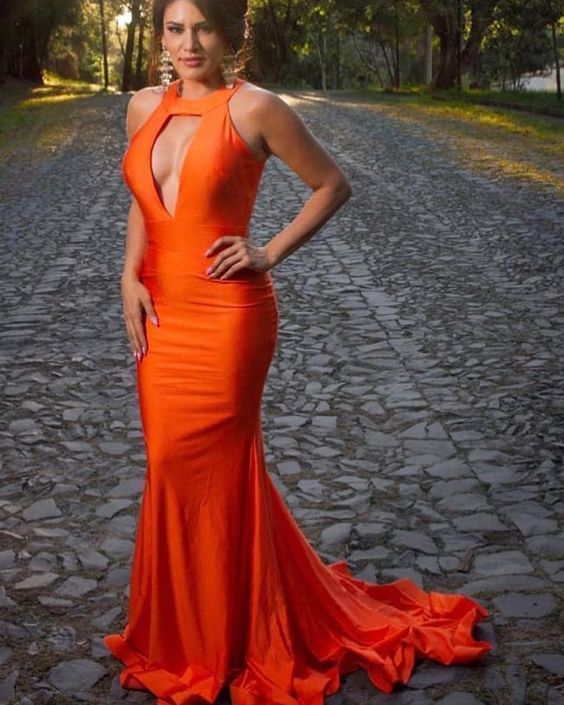 Simple High Neck Orange Cutout Satin Mermaid Prom Dress    cg13251