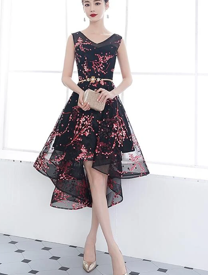 Adorable Black Floral High Low Homecoming Dress   cg13256