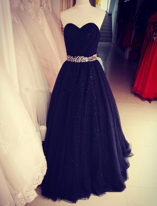 Black Sweetheart Tulle Long Party Dress, Stunning Black Sequins Prom Dress   cg13259