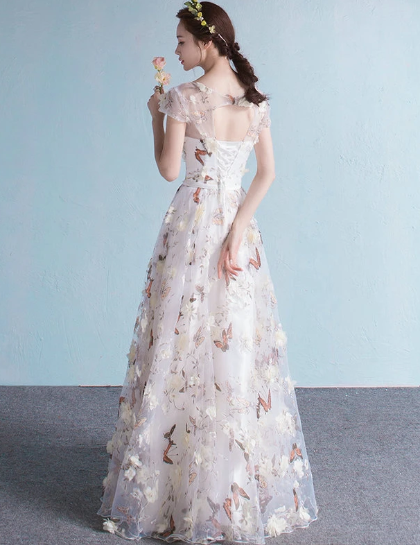 Elegant Flowers Tulle Cap Sleeves Prom Dres, A-Line Long Prom Dress   cg13260