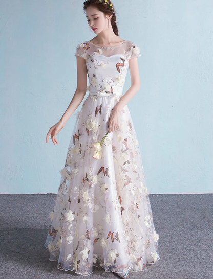 Elegant Flowers Tulle Cap Sleeves Prom Dres, A-Line Long Prom Dress   cg13260