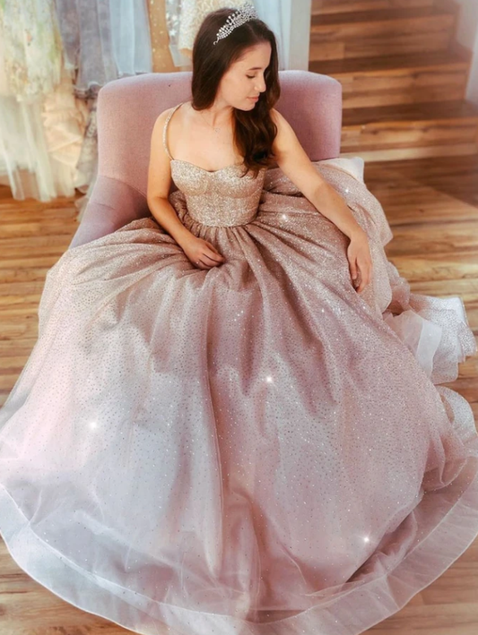 Pink sweetheart tulle sequin long prom dress tulle formal dress   cg13266