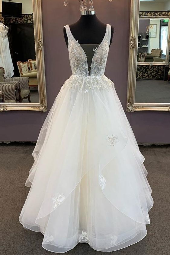 White v neck tulle lace long prom dress, white tulle evening dress   cg13270