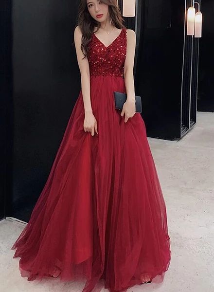 Sexy V-neckline Wine Red Tulle Floor Length Party prom Dress, Red Formal Gown   cg13275