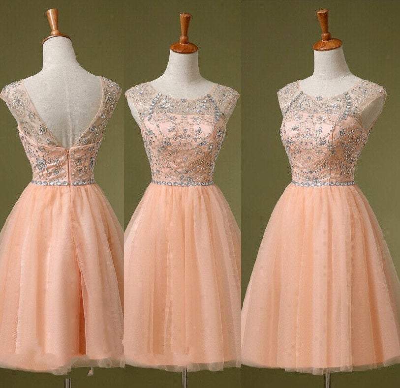 Adorable Pearl Pink Beaded Knee Length Party Dress, Pink Tulle Homecoming Dress   cg13281